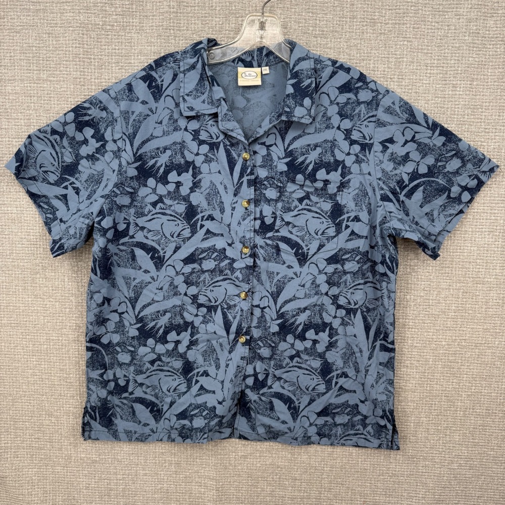 Go Barefoot Hawaiian Button Down Shirt Women 2XL Blue Fish Print Tropical